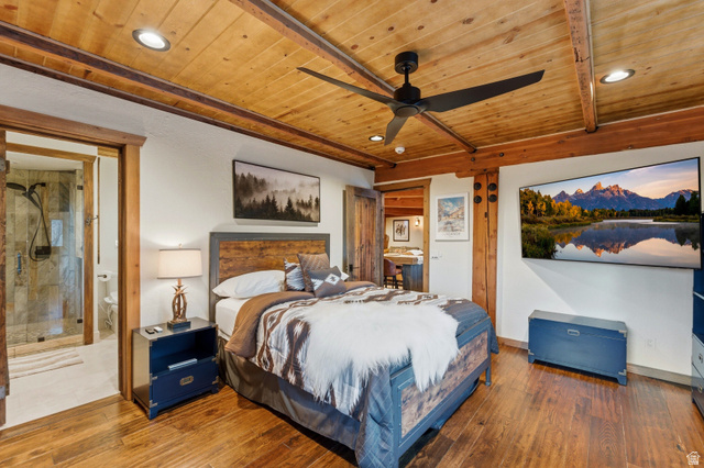 2687 Stewart Road Sundance, UT 84604 - Photo 44 of 48 Bedroom with recessed lighting, a wooden ceiling with exposed beams, a ceiling fan, wood-type flooring, and connected bathroom