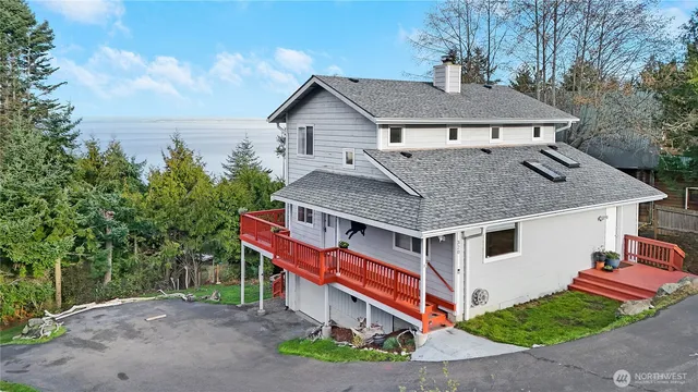 a aerial view of a house with a yard and potted plants