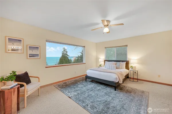 a view of a lake with a mountain in front of it