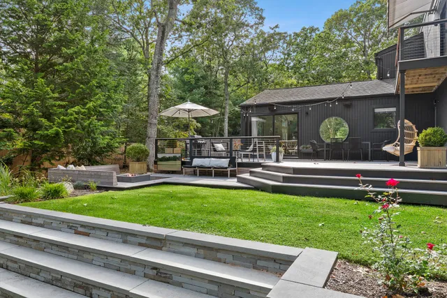 a garden view with a seating space