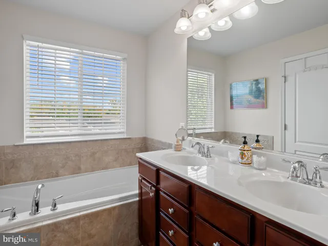 a bathroom with a tub a sink and a large mirror