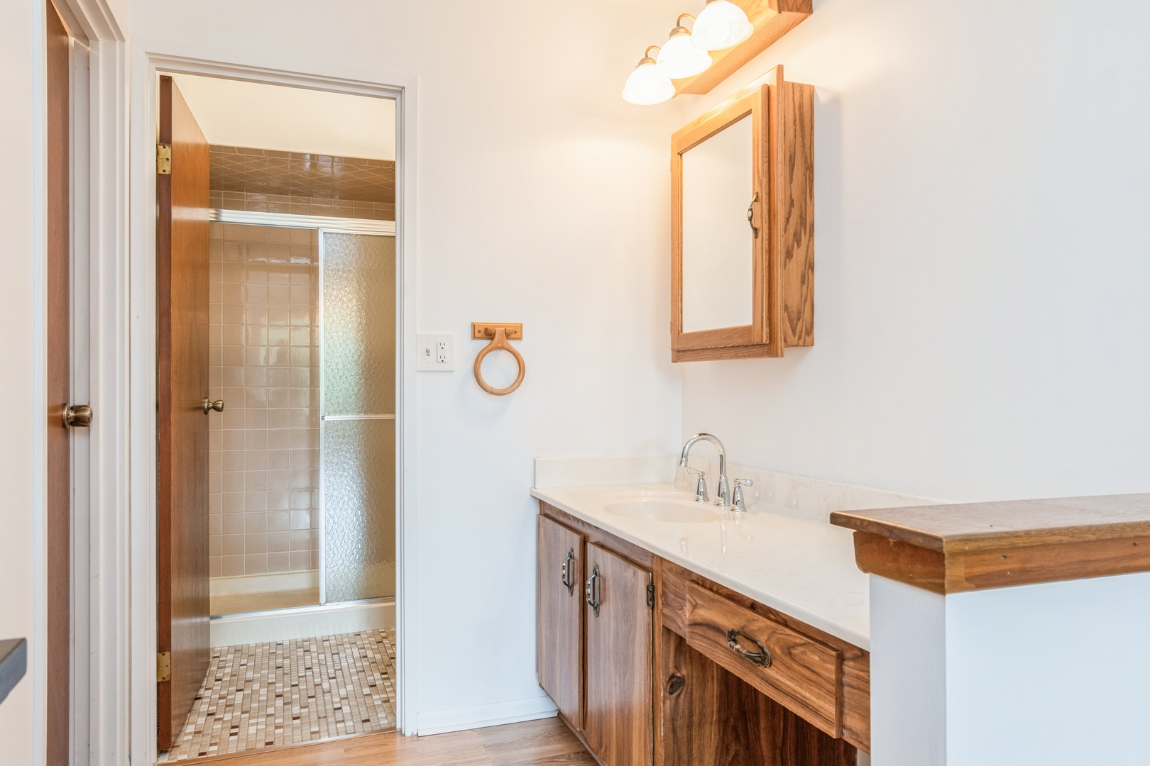 709 79th Street, Unit 401 Darien, IL 60561 - Photo 12 of 20 a bathroom with a sink a mirror and shower