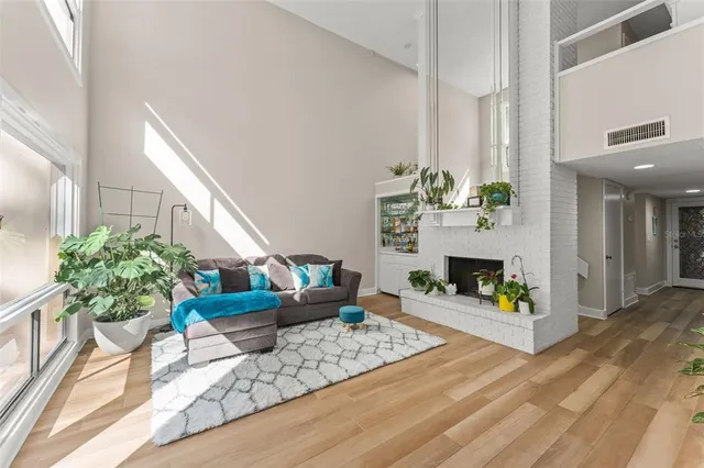 a living room with furniture and a potted plant