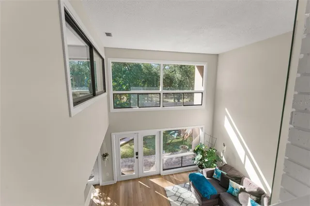 a living room with a large window