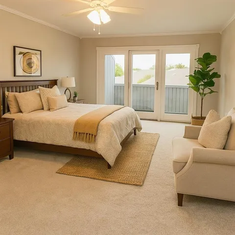 a spacious bedroom with a bed couch and a large window