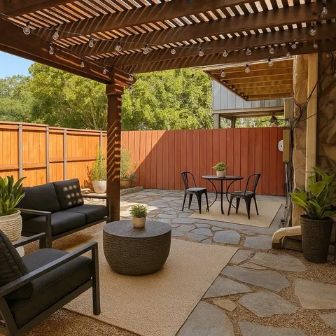 a outdoor living space with furniture and garden view