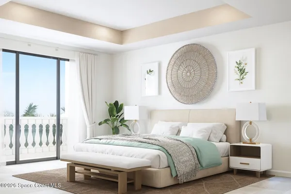a bedroom with a bed a mirror and a large window