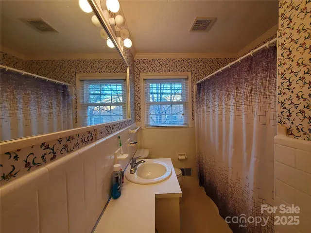 a bathroom with a sink a toilet a mirror and shower