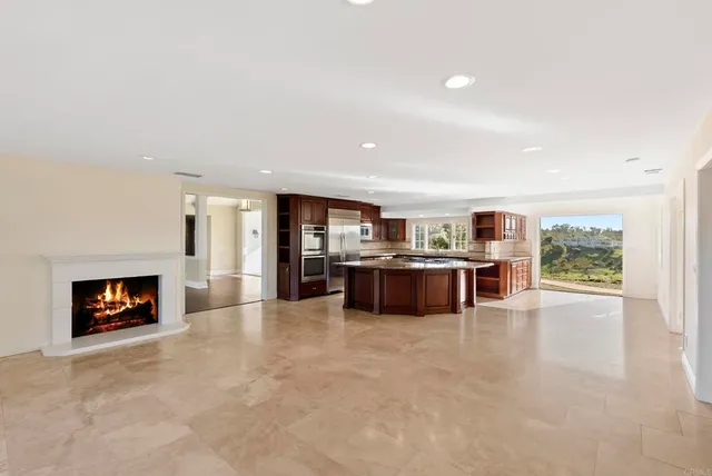 a view of kitchen with a sink and a fireplace