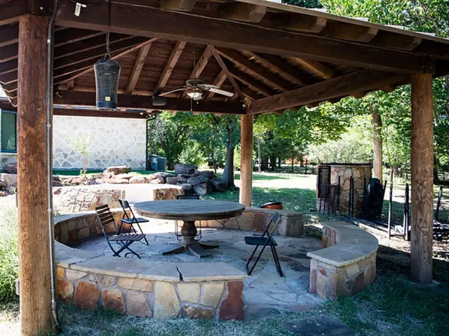 a swimming pool view with a outdoor seating