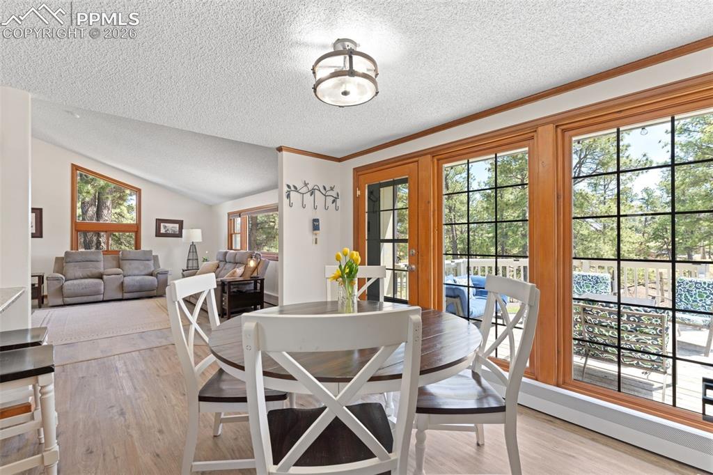 1851 Buttercup Road Elizabeth, CO 80107 - Photo 17 of 47 a view of a dining room with furniture large windows and wooden floor