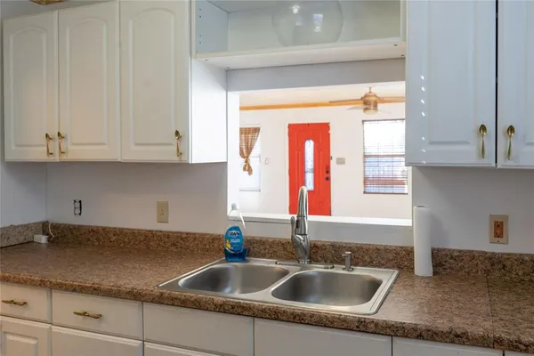 a kitchen with a sink and potted plant