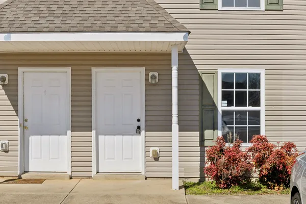 a front view of a house with plants