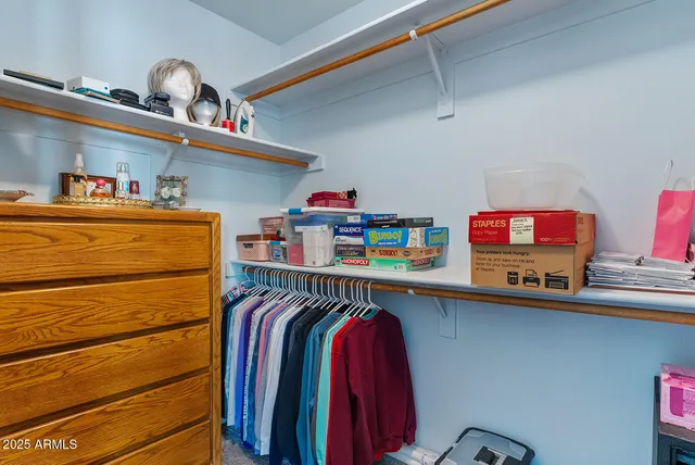 a view of walk in closet with clothes and shoes
