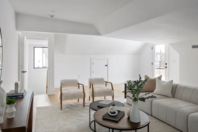 a living room with furniture and a potted plant