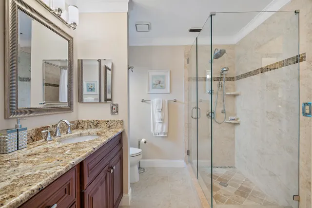 a bathroom with a granite countertop sink toilet and shower