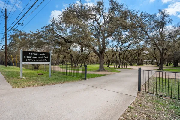 a view of a park with large trees