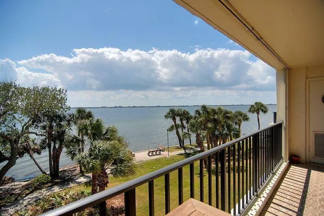 a view of a swimming pool with a lawn chairs under palm trees