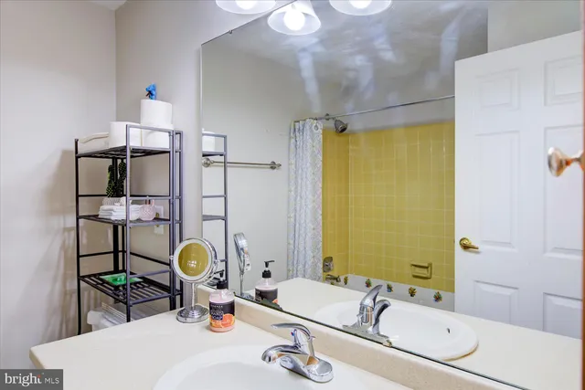 a bathroom with a sink double vanity and a mirror