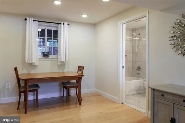 a view of a dining room with furniture