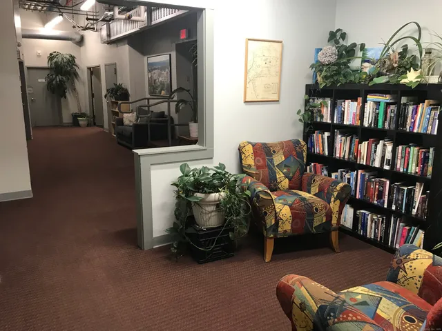 a living room with furniture and a book shelf