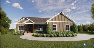 a front view of house with a yard and green space