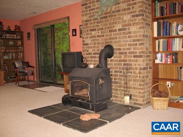 25 Dogleg Road Palmyra, VA 22963 - Photo 15 of 20 The terrace level features a cozy woodburning stove and sliders lead to the back yard.