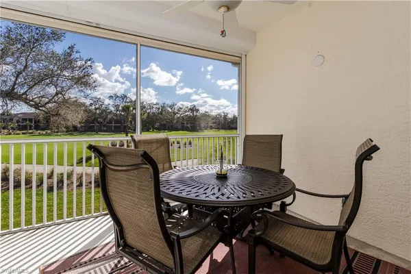 a view of a chairs and table in patio