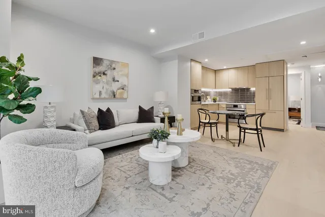 a living room with furniture and a dining table with potted plant