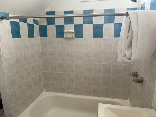 a bathroom with a bathtub and shower