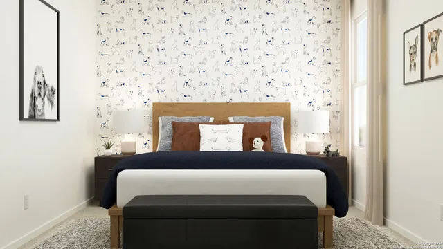 a bedroom with a bed and a couch