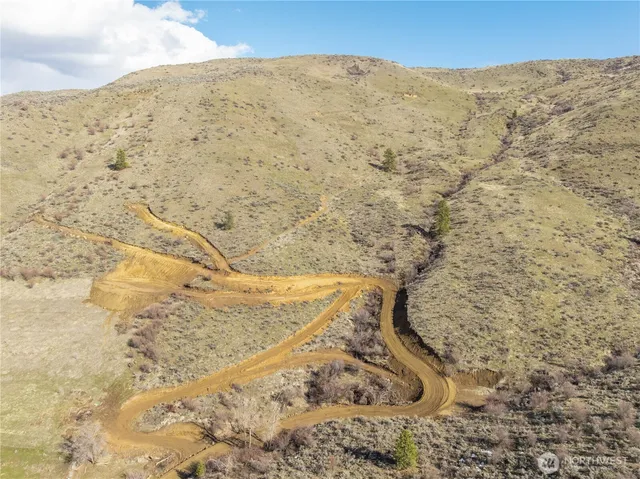 a view of a dry yard and mountain view