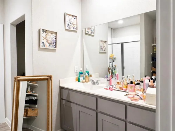 a bathroom with a sink and a mirror