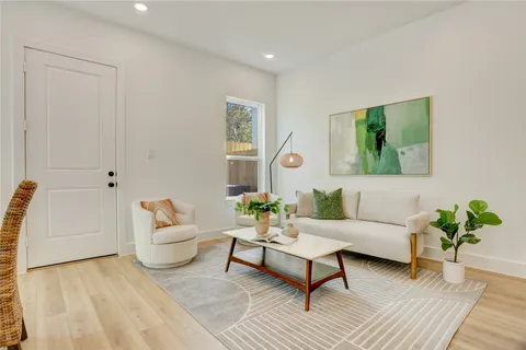 a living room with furniture and a potted plant