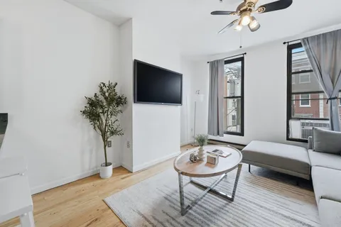 a living room with furniture and a potted plant
