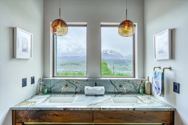 a view of living room with granite countertop furniture and a window