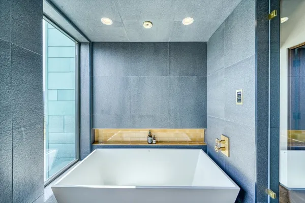 a bathroom with a bathtub