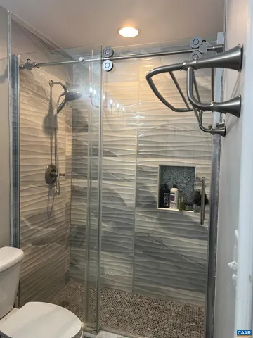 a bathroom with a toilet and a shower