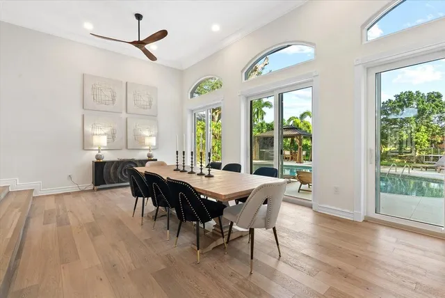 a view of a dining room with furniture window and wooden floor