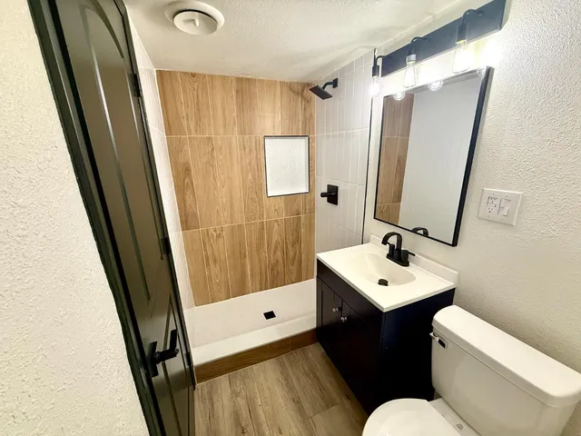 a bathroom with a sink a toilet a mirror and vanity