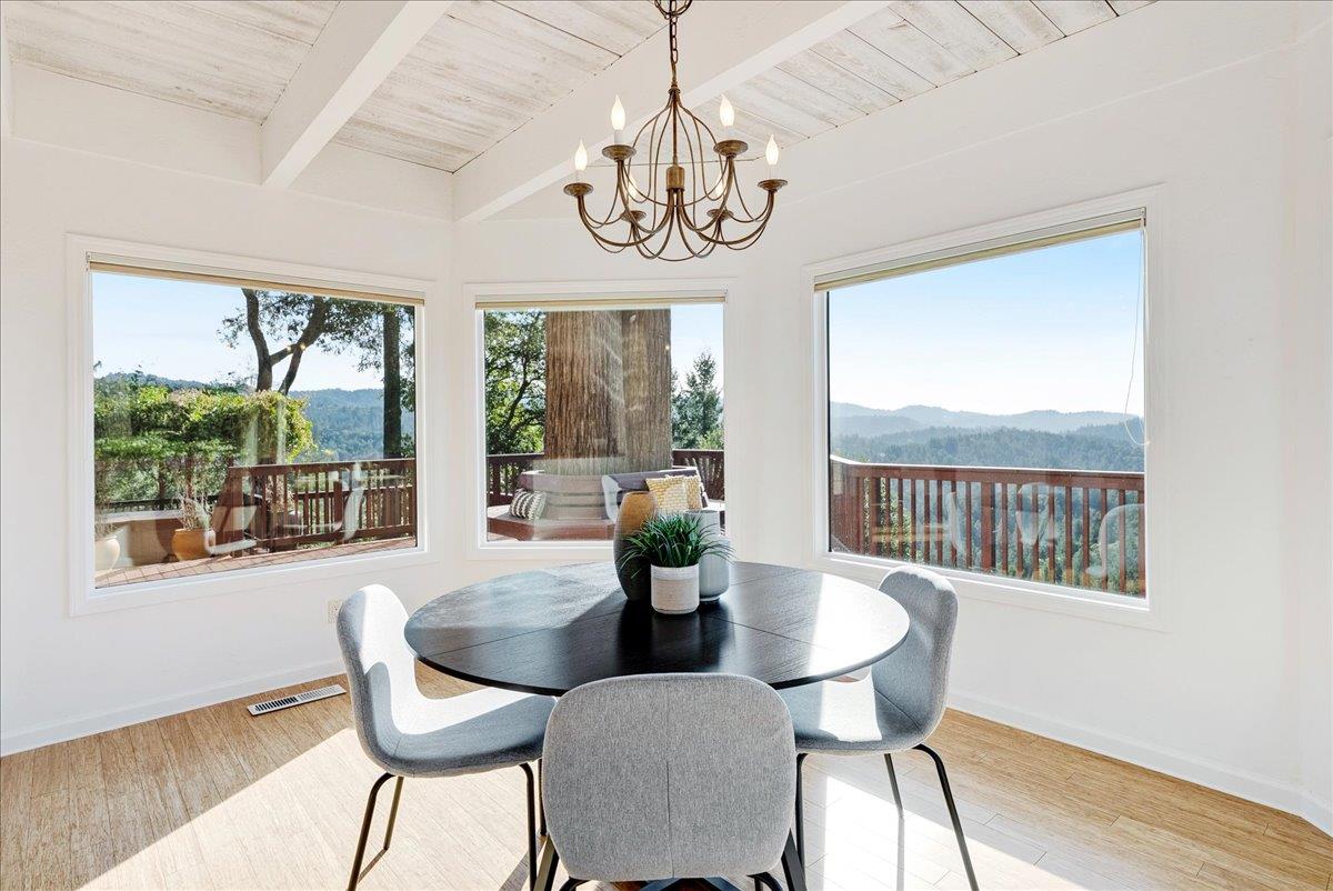 480 Quail Ridge Road Scotts Valley, CA 95066 - Photo 17 of 69 a view of a dining room with furniture a chandelier and wooden floor