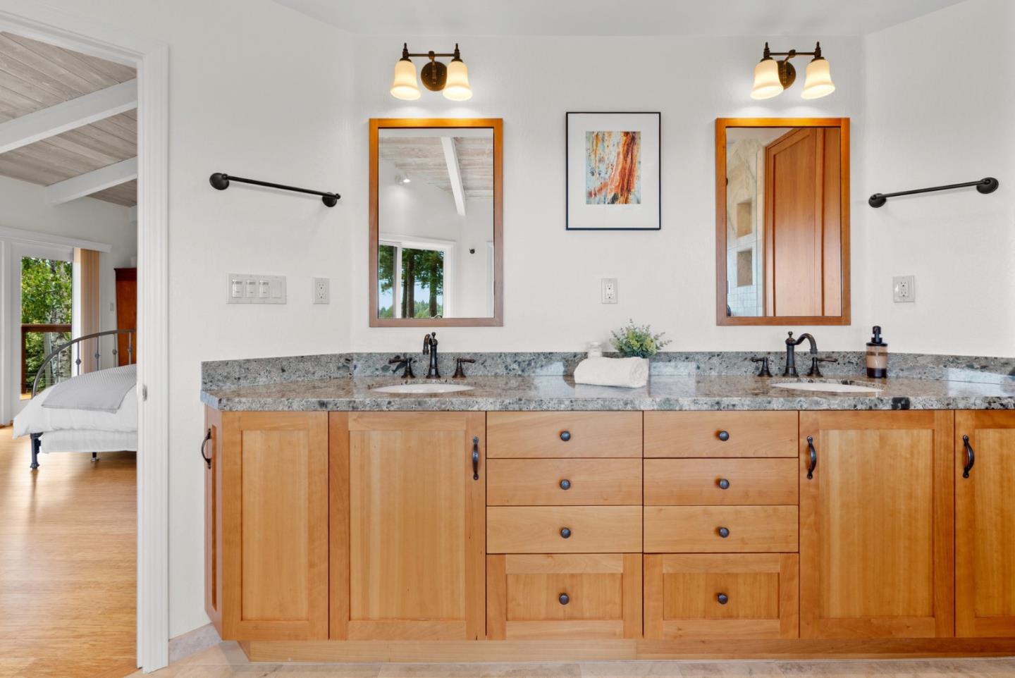 480 Quail Ridge Road Scotts Valley, CA 95066 - Photo 32 of 68 a bathroom with a granite countertop sink and a mirror