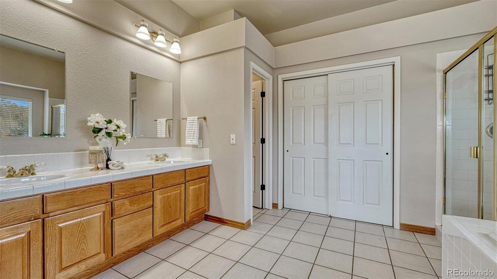 15211 Ridgefield Lane Colorado Springs, CO 80921 - Photo 23 of 47 a spacious bathroom with a mirror a shower and a sink