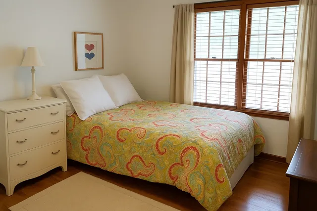 a large bed sitting in a bedroom next to a window