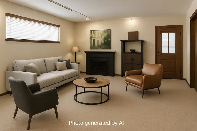 a living room with furniture a rug a window and a fireplace
