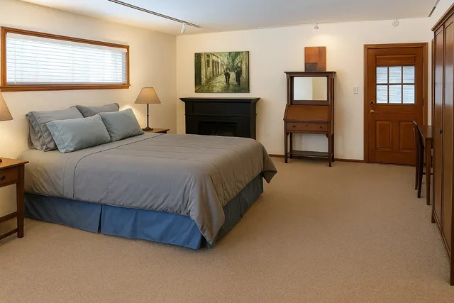 a spacious bedroom with a bed and painting on the wall