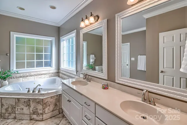 a bathroom with sinks tub double vanity and mirror