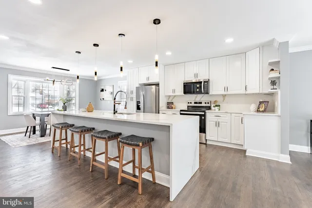 a large white kitchen with a large counter top stainless steel appliances