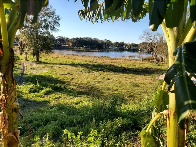 a view of a lake with houses in the back