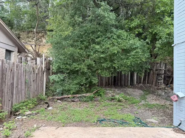 a view of a backyard with plants and large trees with wooden fence